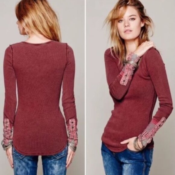 Free People Tops - Free People Red Kyoto Print Cuff Thermal Top Shirt XS Rare